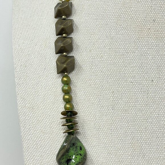 Treska Beaded Long Necklace Green Stone Porcelain Glass Boho Chunky Signed - Picture 11 of 13
